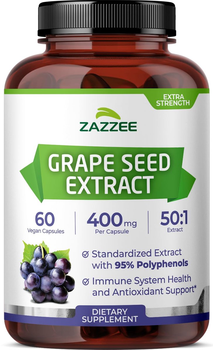 Zazzee Hochdosiertes Traubenkernextrakt 50:1, 60 vegane Kapseln, 95% Polyphenole, 400 mg pro Kapsel, 2-Monats-Vorrat, Antioxidans, Unterstützung für Kreislauf & Durchblutung, Non-GMO, Hergestellt in den USA