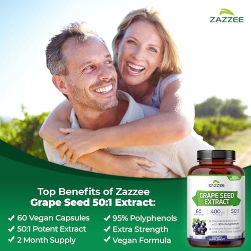 Zazzee Hochdosiertes Traubenkernextrakt 50:1, 60 vegane Kapseln, 95% Polyphenole, 400 mg pro Kapsel, 2-Monats-Vorrat, Antioxidans, Unterstützung für Kreislauf & Durchblutung, Non-GMO, Hergestellt in den USA