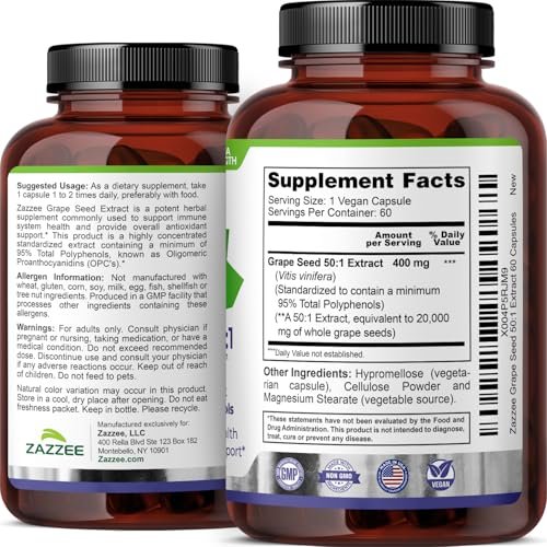Zazzee Hochdosiertes Traubenkernextrakt 50:1, 60 vegane Kapseln, 95% Polyphenole, 400 mg pro Kapsel, 2-Monats-Vorrat, Antioxidans, Unterstützung für Kreislauf & Durchblutung, Non-GMO, Hergestellt in den USA