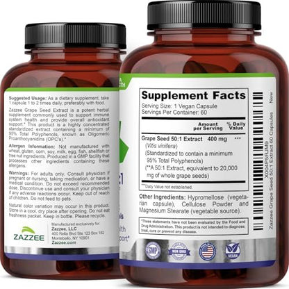 Zazzee Hochdosiertes Traubenkernextrakt 50:1, 60 vegane Kapseln, 95% Polyphenole, 400 mg pro Kapsel, 2-Monats-Vorrat, Antioxidans, Unterstützung für Kreislauf & Durchblutung, Non-GMO, Hergestellt in den USA