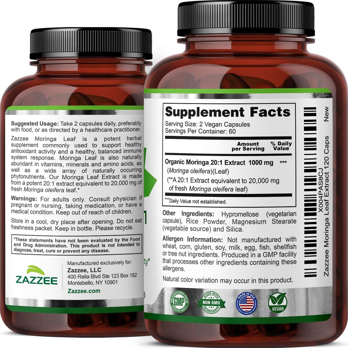 Zazzee Bio Moringa Blatt 20:1 Extrakt, 1000 mg pro Portion, 120 vegane Kapseln, 2-Monats-Vorrat, zertifiziert koscher, Moringa Oleifera, Antioxidans, Immun- & Zellunterstützung, hergestellt in den USA