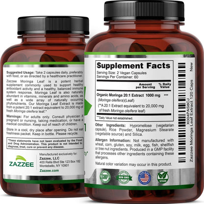 Zazzee Bio Moringa Blatt 20:1 Extrakt, 1000 mg pro Portion, 120 vegane Kapseln, 2-Monats-Vorrat, zertifiziert koscher, Moringa Oleifera, Antioxidans, Immun- & Zellunterstützung, hergestellt in den USA