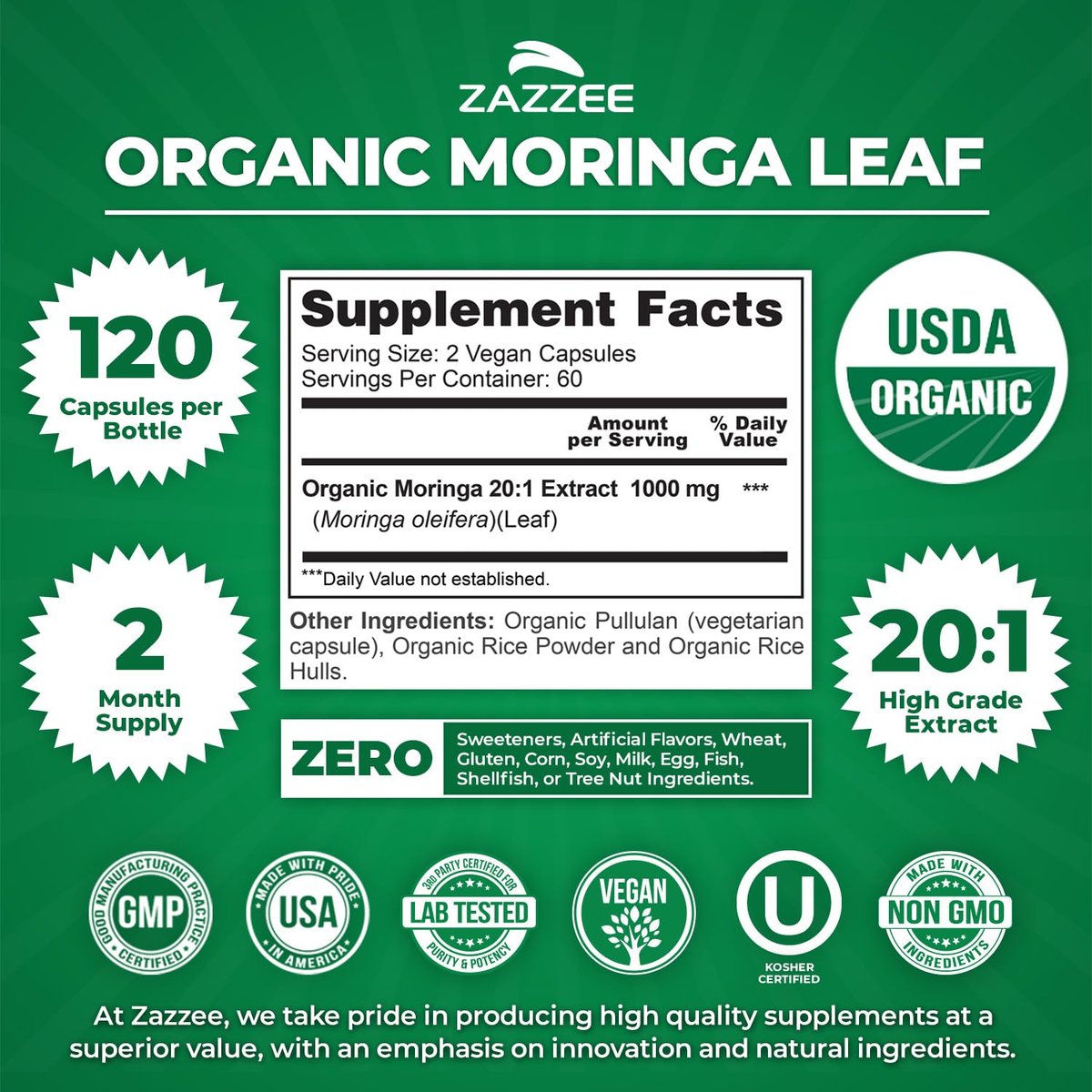 Zazzee Bio Moringa Blatt 20:1 Extrakt, 1000 mg pro Portion, 120 vegane Kapseln, 2-Monats-Vorrat, zertifiziert koscher, Moringa Oleifera, Antioxidans, Immun- & Zellunterstützung, hergestellt in den USA
