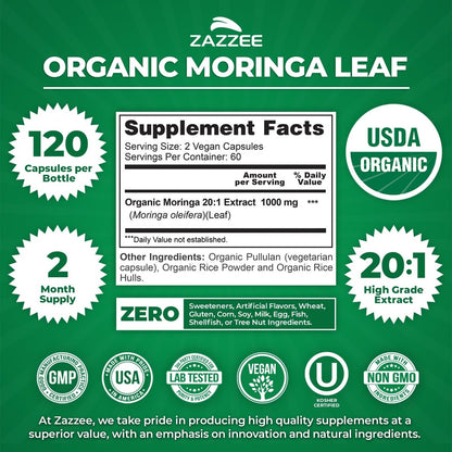 Zazzee Bio Moringa Blatt 20:1 Extrakt, 1000 mg pro Portion, 120 vegane Kapseln, 2-Monats-Vorrat, zertifiziert koscher, Moringa Oleifera, Antioxidans, Immun- & Zellunterstützung, hergestellt in den USA