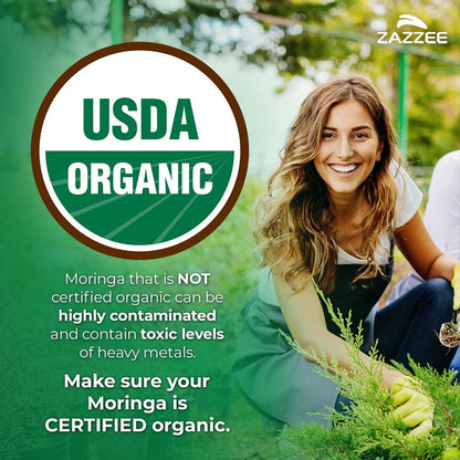 Zazzee Bio Moringa Blatt 20:1 Extrakt, 1000 mg pro Portion, 120 vegane Kapseln, 2-Monats-Vorrat, zertifiziert koscher, Moringa Oleifera, Antioxidans, Immun- & Zellunterstützung, hergestellt in den USA