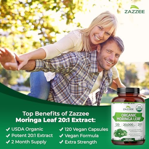 Zazzee Bio Moringa Blatt 20:1 Extrakt, 1000 mg pro Portion, 120 vegane Kapseln, 2-Monats-Vorrat, zertifiziert koscher, Moringa Oleifera, Antioxidans, Immun- & Zellunterstützung, hergestellt in den USA