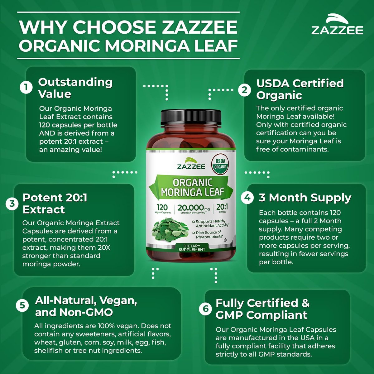 Zazzee Bio Moringa Blatt 20:1 Extrakt, 1000 mg pro Portion, 120 vegane Kapseln, 2-Monats-Vorrat, zertifiziert koscher, Moringa Oleifera, Antioxidans, Immun- & Zellunterstützung, hergestellt in den USA