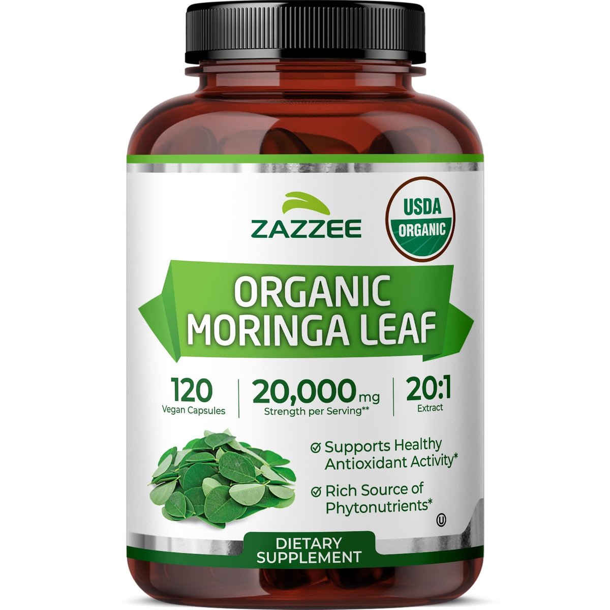 Zazzee Bio Moringa Blatt 20:1 Extrakt, 1000 mg pro Portion, 120 vegane Kapseln, 2-Monats-Vorrat, zertifiziert koscher, Moringa Oleifera, Antioxidans, Immun- & Zellunterstützung, hergestellt in den USA