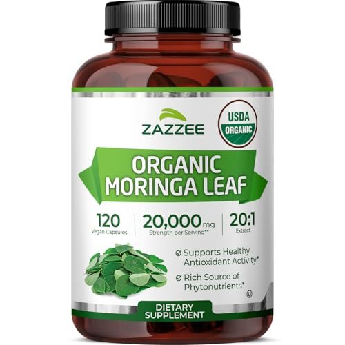 Zazzee Bio Moringa Blatt 20:1 Extrakt, 1000 mg pro Portion, 120 vegane Kapseln, 2-Monats-Vorrat, zertifiziert koscher, Moringa Oleifera, Antioxidans, Immun- & Zellunterstützung, hergestellt in den USA