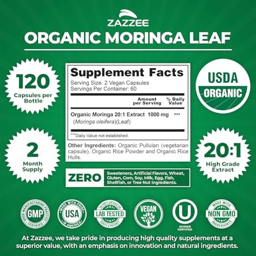 Zazzee Bio Moringa Blatt 20:1 Extrakt, 1000 mg pro Portion, 120 vegane Kapseln, 2-Monats-Vorrat, zertifiziert koscher, Moringa Oleifera, Antioxidans, Immun- & Zellunterstützung, hergestellt in den USA