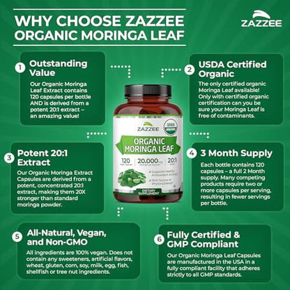 Zazzee Bio Moringa Blatt 20:1 Extrakt, 1000 mg pro Portion, 120 vegane Kapseln, 2-Monats-Vorrat, zertifiziert koscher, Moringa Oleifera, Antioxidans, Immun- & Zellunterstützung, hergestellt in den USA