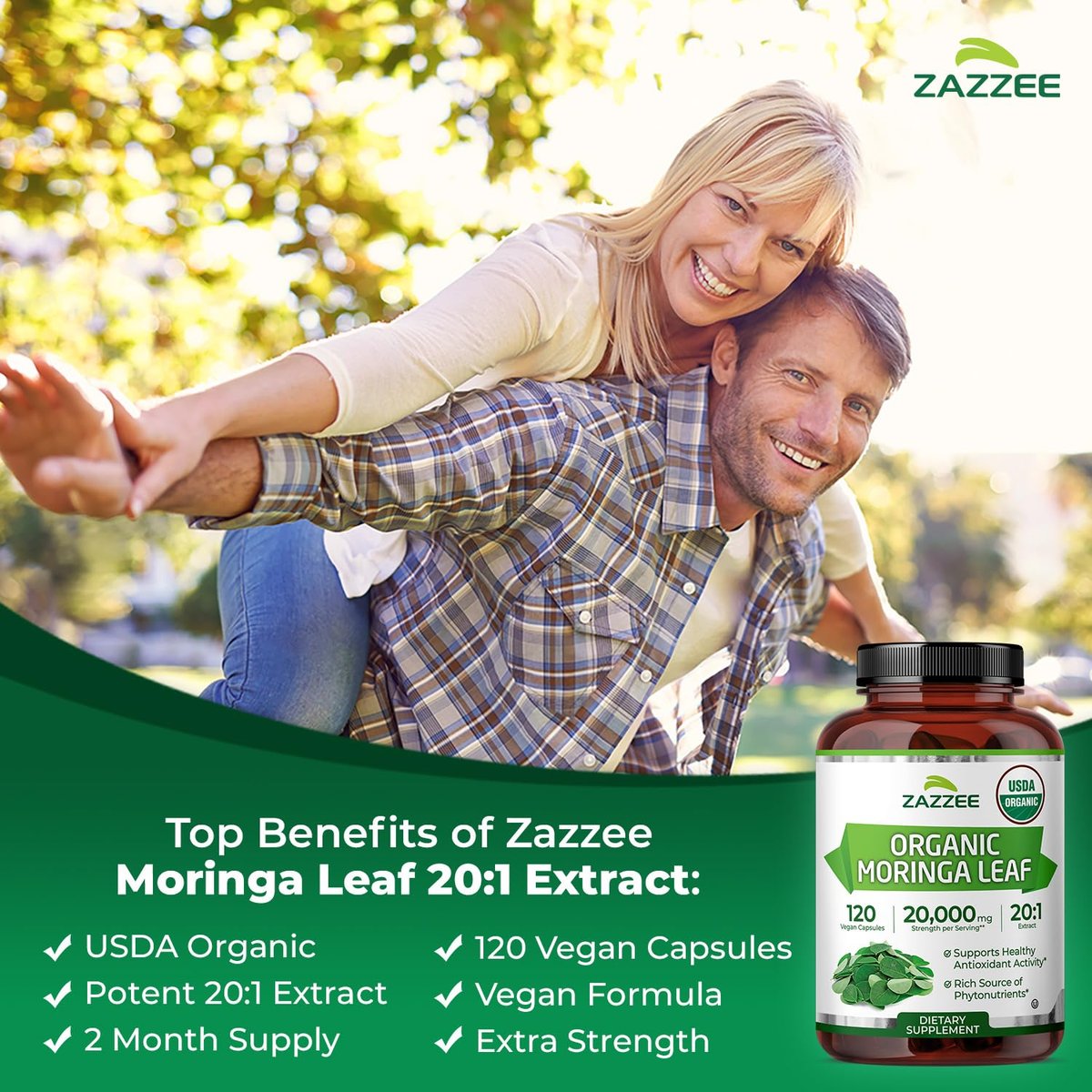 Zazzee Bio Moringa Blatt 20:1 Extrakt, 1000 mg pro Portion, 120 vegane Kapseln, 2-Monats-Vorrat, zertifiziert koscher, Moringa Oleifera, Antioxidans, Immun- & Zellunterstützung, hergestellt in den USA
