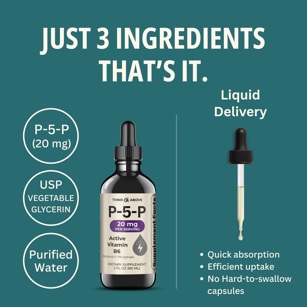 Think Above P5P Liquid Drops – Aktiviertes Vitamin B6 (Pyridoxal-5-Phosphat) – Schnell absorbierende Formel – Unterstützung für Nervensystem & Energie – 60 ml
