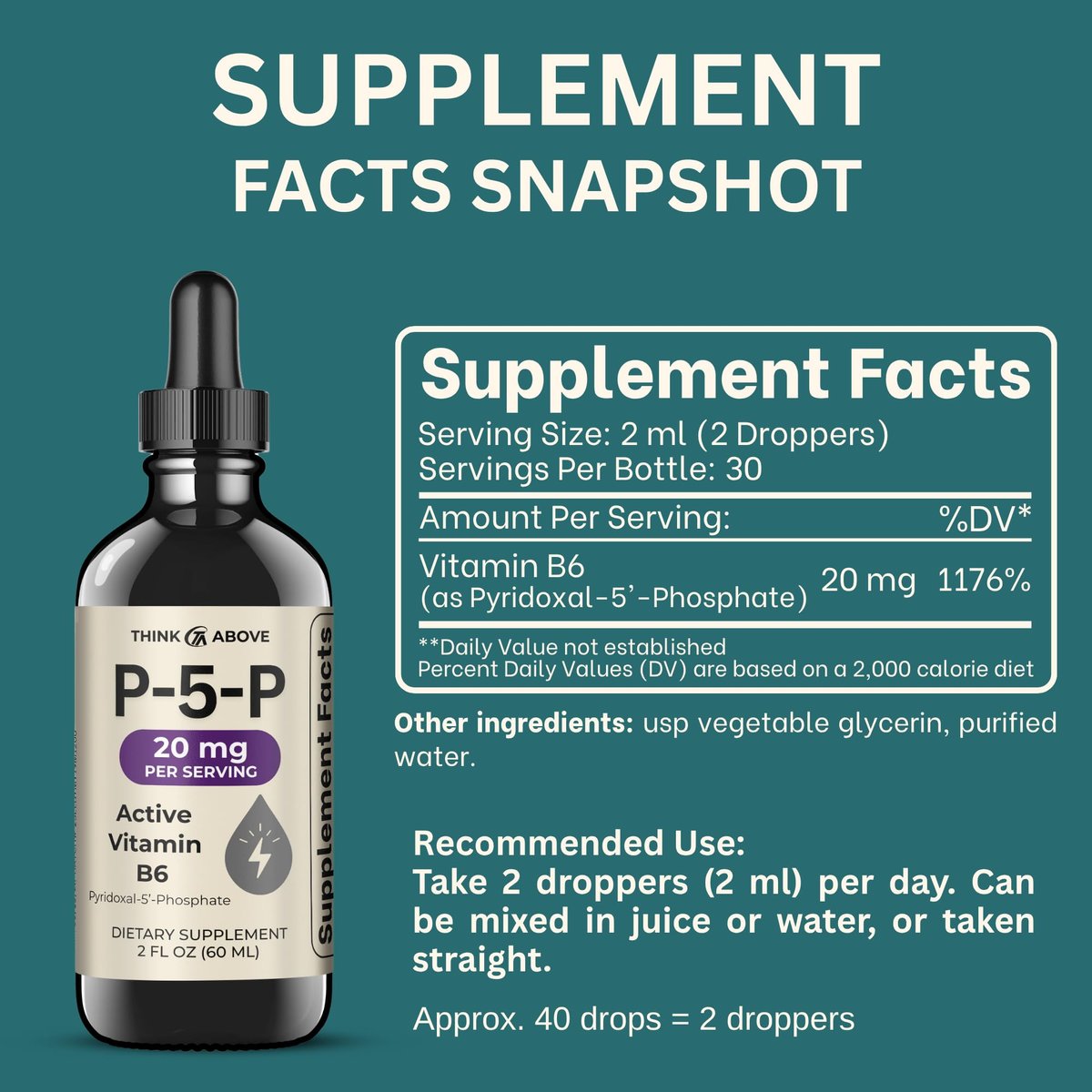 Think Above P5P Liquid Drops – Aktiviertes Vitamin B6 (Pyridoxal-5-Phosphat) – Schnell absorbierende Formel – Unterstützung für Nervensystem & Energie – 60 ml