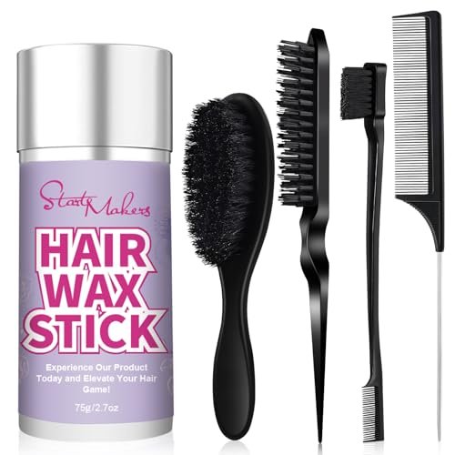 START MAKERS Haarwachs-Stick und Slick-Back-Haarbürsten-Set für Frauen, Kinder, Männer 5-teilig, mit Edge Brush, Teasing Brush, Rattenschwanzkamm & Mini-Wildschweinborstenbürsten für fliegende Haare, Kontrolle, glatte Zöpfe und Dutts