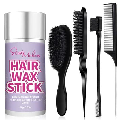 START MAKERS Haarwachs-Stick und Slick-Back-Haarbürsten-Set für Frauen, Kinder, Männer 5-teilig, mit Edge Brush, Teasing Brush, Rattenschwanzkamm & Mini-Wildschweinborstenbürsten für fliegende Haare, Kontrolle, glatte Zöpfe und Dutts