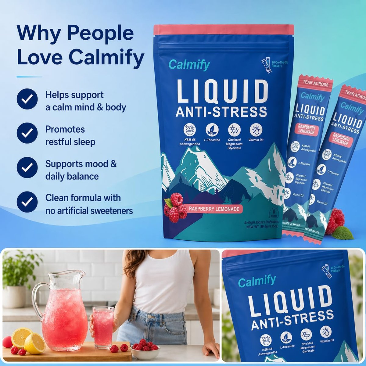 Liquid Anti Stress Cortisol | Magnesium Drink mit L-Theanin, Ashwagandha und Magnesium | 20 Portionen | Zuckerfrei