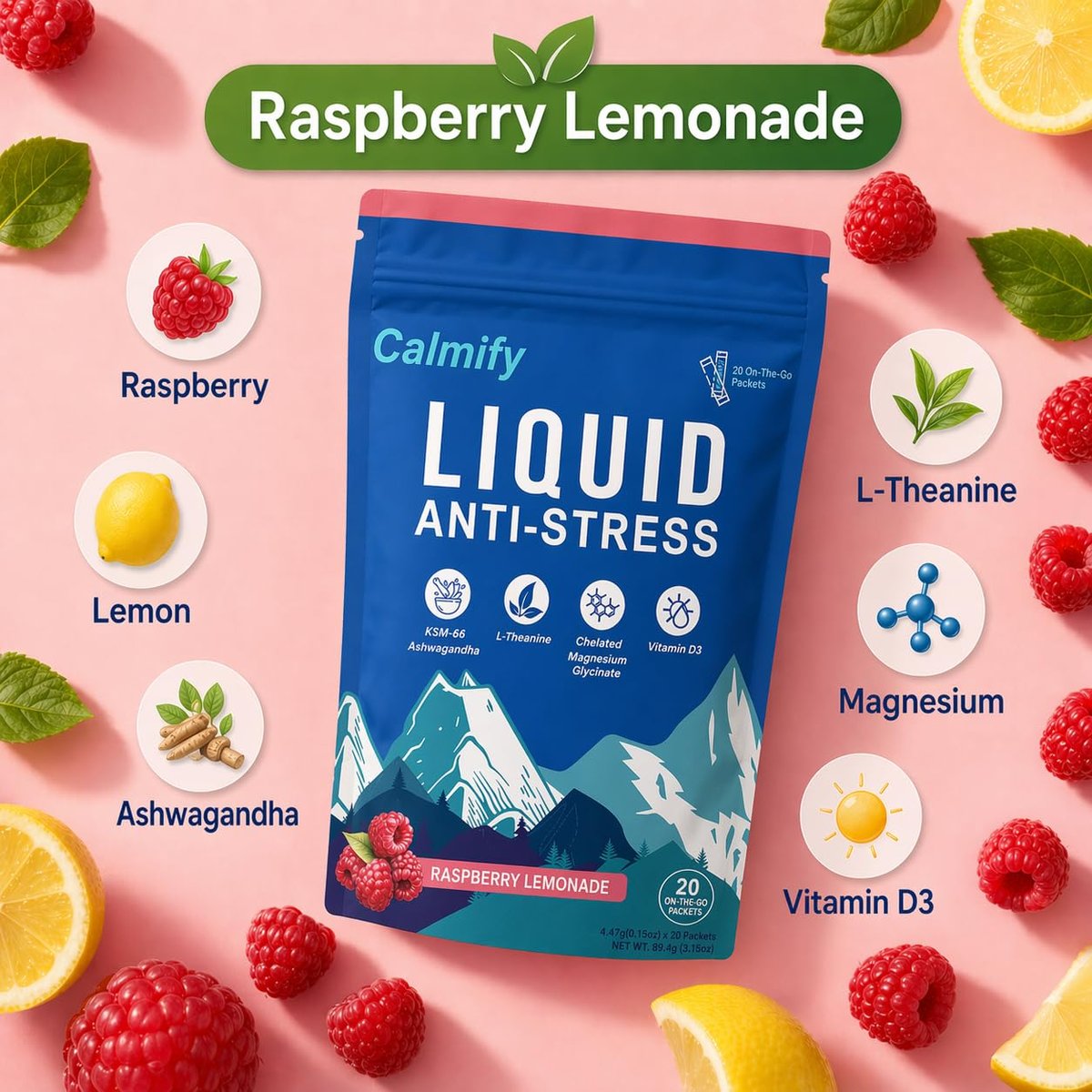 Liquid Anti Stress Cortisol | Magnesium Drink mit L-Theanin, Ashwagandha und Magnesium | 20 Portionen | Zuckerfrei