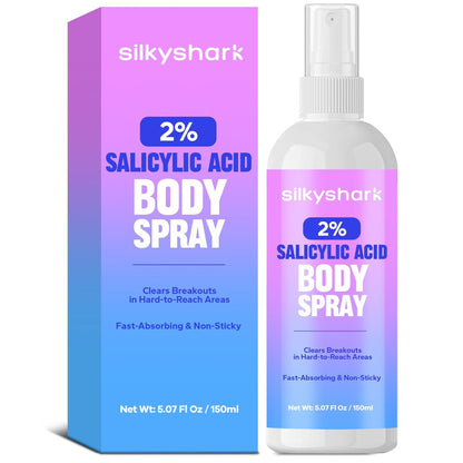 SilkyShark 2% Salicylsäure Körperspray (150 ml) – Anti-Akne Spray für Rücken, Brust, Schultern & Gesicht, 360° Feinsprühkopf, schnell einziehend