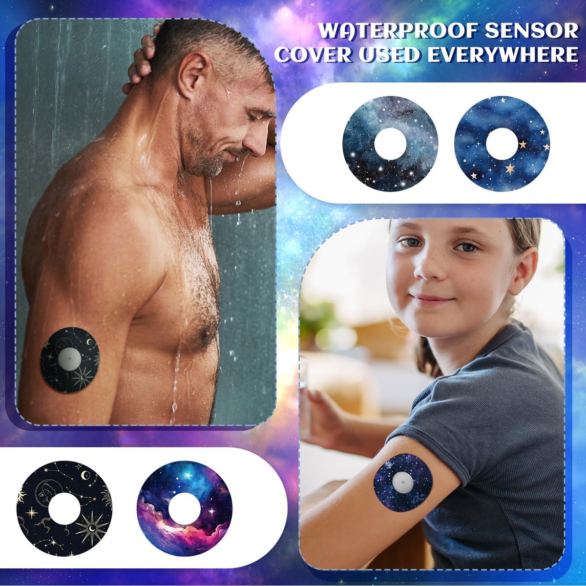 Geiserailie 32er-Pack runde Aufkleber kompatibel mit Libre 3, CGM-Pflaster, Galaxy-Klebestreifen, Sensorabdeckungen wasserdicht, schweißfest, atmungsaktiv, vorgeschnitten, langlebig