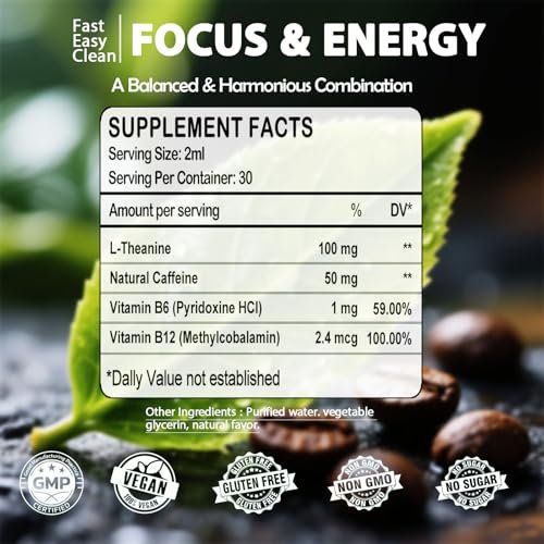 L-Theanin Koffein Kombination Bio Flüssig Koffein 50 mg mit L-Theanin 100 mg, Vitamin B12 B6 für fokussierte Energie, Wachsamkeit & Stimmungsaufhellung, Nootropikum Gehirntropfen für Frauen & Männer | 30 Tage Vorrat