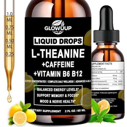 L-Theanin Koffein Kombination Bio Flüssig Koffein 50 mg mit L-Theanin 100 mg, Vitamin B12 B6 für fokussierte Energie, Wachsamkeit & Stimmungsaufhellung, Nootropikum Gehirntropfen für Frauen & Männer | 30 Tage Vorrat
