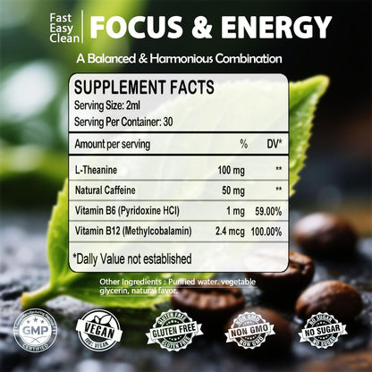 L-Theanin Koffein Kombination Bio Flüssig Koffein 50 mg mit L-Theanin 100 mg, Vitamin B12 B6 für fokussierte Energie, Wachsamkeit & Stimmungsaufhellung, Nootropikum Gehirntropfen für Frauen & Männer | 30 Tage Vorrat