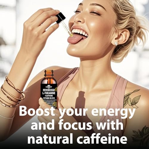 L-Theanin Koffein Kombination Bio Flüssig Koffein 50 mg mit L-Theanin 100 mg, Vitamin B12 B6 für fokussierte Energie, Wachsamkeit & Stimmungsaufhellung, Nootropikum Gehirntropfen für Frauen & Männer | 30 Tage Vorrat