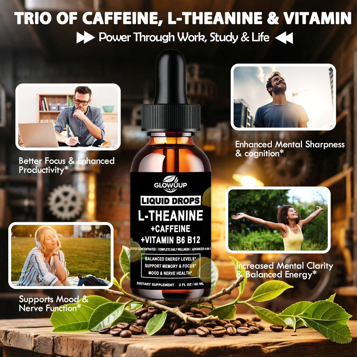 L-Theanin Koffein Kombination Bio Flüssig Koffein 50 mg mit L-Theanin 100 mg, Vitamin B12 B6 für fokussierte Energie, Wachsamkeit & Stimmungsaufhellung, Nootropikum Gehirntropfen für Frauen & Männer | 30 Tage Vorrat