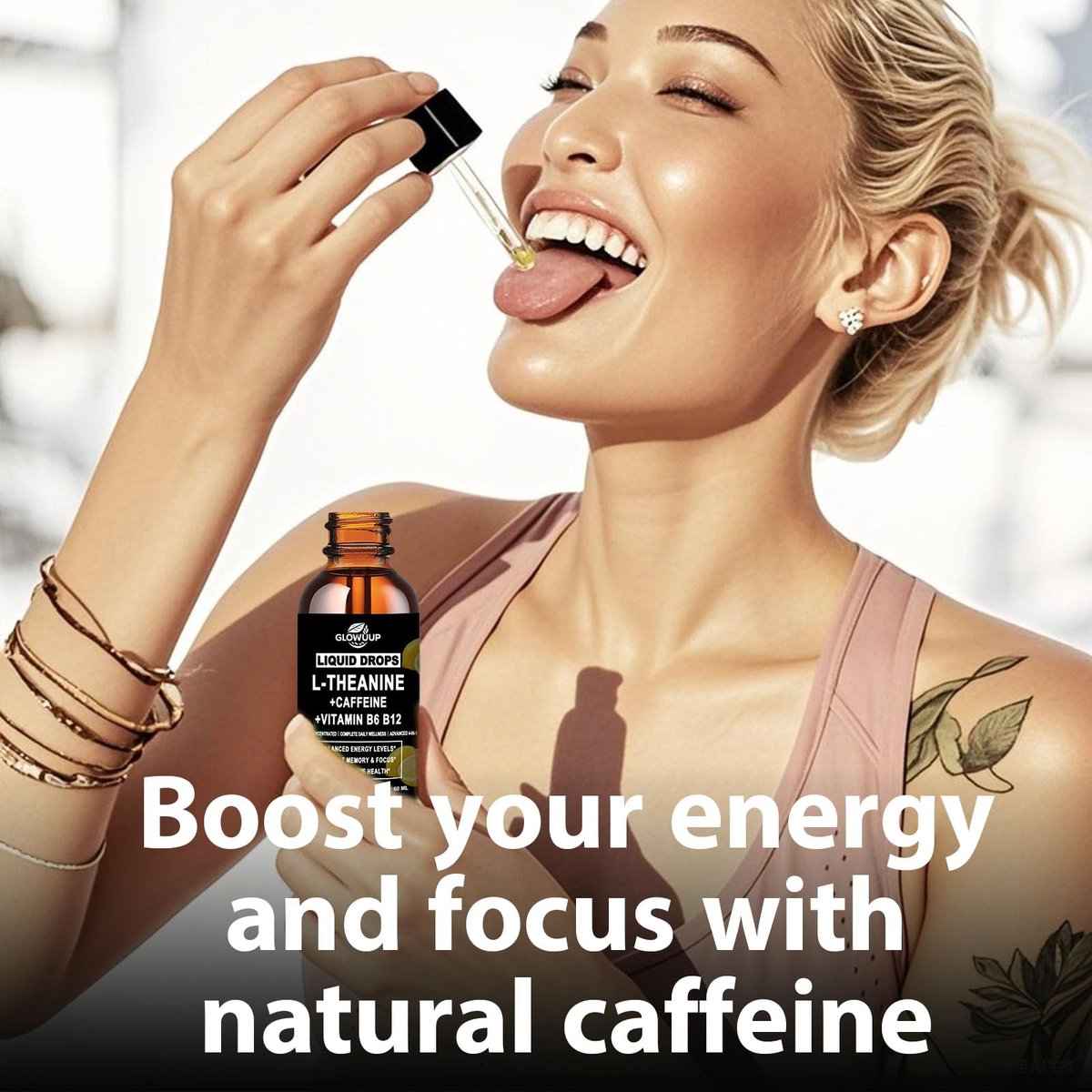 L-Theanin Koffein Kombination Bio Flüssig Koffein 50 mg mit L-Theanin 100 mg, Vitamin B12 B6 für fokussierte Energie, Wachsamkeit & Stimmungsaufhellung, Nootropikum Gehirntropfen für Frauen & Männer | 30 Tage Vorrat