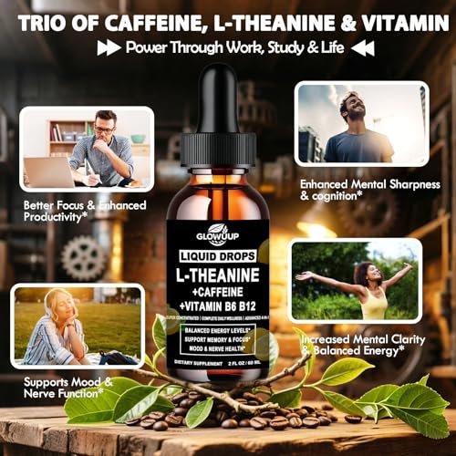 L-Theanin Koffein Kombination Bio Flüssig Koffein 50 mg mit L-Theanin 100 mg, Vitamin B12 B6 für fokussierte Energie, Wachsamkeit & Stimmungsaufhellung, Nootropikum Gehirntropfen für Frauen & Männer | 30 Tage Vorrat