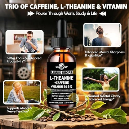 L-Theanin Koffein Kombination Bio Flüssig Koffein 50 mg mit L-Theanin 100 mg, Vitamin B12 B6 für fokussierte Energie, Wachsamkeit & Stimmungsaufhellung, Nootropikum Gehirntropfen für Frauen & Männer | 30 Tage Vorrat