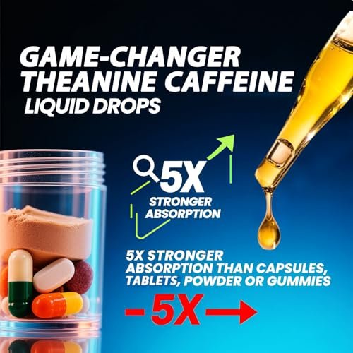 L-Theanin Koffein Kombination Bio Flüssig Koffein 50 mg mit L-Theanin 100 mg, Vitamin B12 B6 für fokussierte Energie, Wachsamkeit & Stimmungsaufhellung, Nootropikum Gehirntropfen für Frauen & Männer | 30 Tage Vorrat