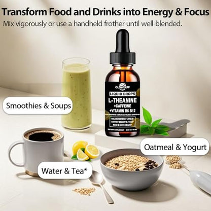 L-Theanin Koffein Kombination Bio Flüssig Koffein 50 mg mit L-Theanin 100 mg, Vitamin B12 B6 für fokussierte Energie, Wachsamkeit & Stimmungsaufhellung, Nootropikum Gehirntropfen für Frauen & Männer | 30 Tage Vorrat