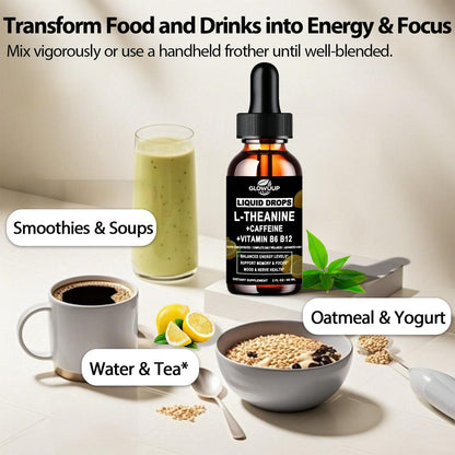 L-Theanin Koffein Kombination Bio Flüssig Koffein 50 mg mit L-Theanin 100 mg, Vitamin B12 B6 für fokussierte Energie, Wachsamkeit & Stimmungsaufhellung, Nootropikum Gehirntropfen für Frauen & Männer | 30 Tage Vorrat