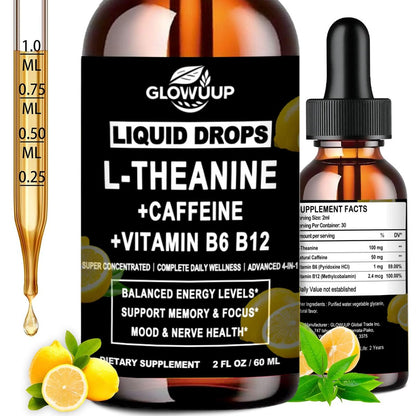 L-Theanin Koffein Kombination Bio Flüssig Koffein 50 mg mit L-Theanin 100 mg, Vitamin B12 B6 für fokussierte Energie, Wachsamkeit & Stimmungsaufhellung, Nootropikum Gehirntropfen für Frauen & Männer | 30 Tage Vorrat