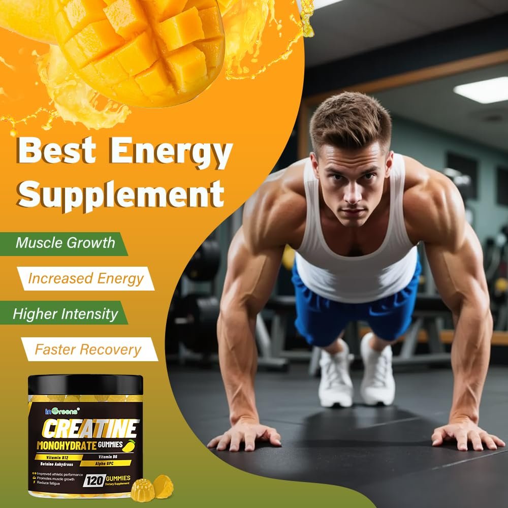 Creatine Monohydrat Gummis 6g für Männer & Frauen, Potentes Creatinpräparat, Kaubare Creatine für Energie-Boost, Steigerung der Kraft und Muskelaufbau, Glutenfrei, Zuckerfrei, 120 Stück