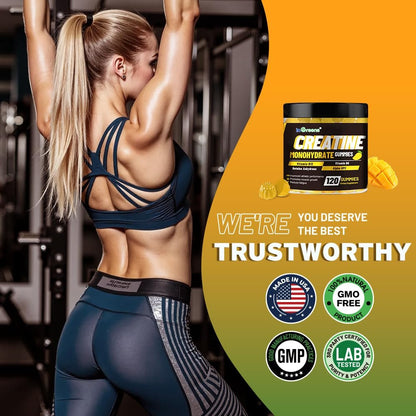 Creatine Monohydrat Gummis 6g für Männer & Frauen, Potentes Creatinpräparat, Kaubare Creatine für Energie-Boost, Steigerung der Kraft und Muskelaufbau, Glutenfrei, Zuckerfrei, 120 Stück