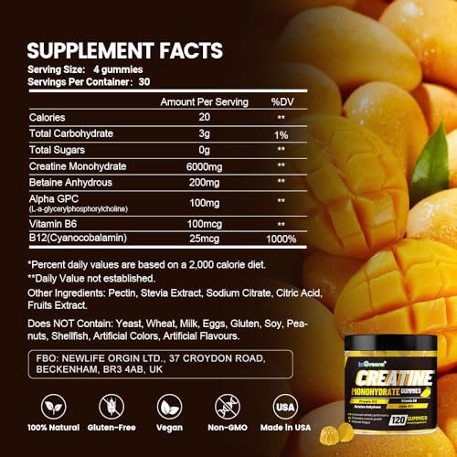 Creatine Monohydrat Gummis 6g für Männer & Frauen, Potentes Creatinpräparat, Kaubare Creatine für Energie-Boost, Steigerung der Kraft und Muskelaufbau, Glutenfrei, Zuckerfrei, 120 Stück