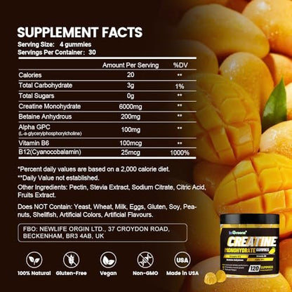 Creatine Monohydrat Gummis 6g für Männer & Frauen, Potentes Creatinpräparat, Kaubare Creatine für Energie-Boost, Steigerung der Kraft und Muskelaufbau, Glutenfrei, Zuckerfrei, 120 Stück