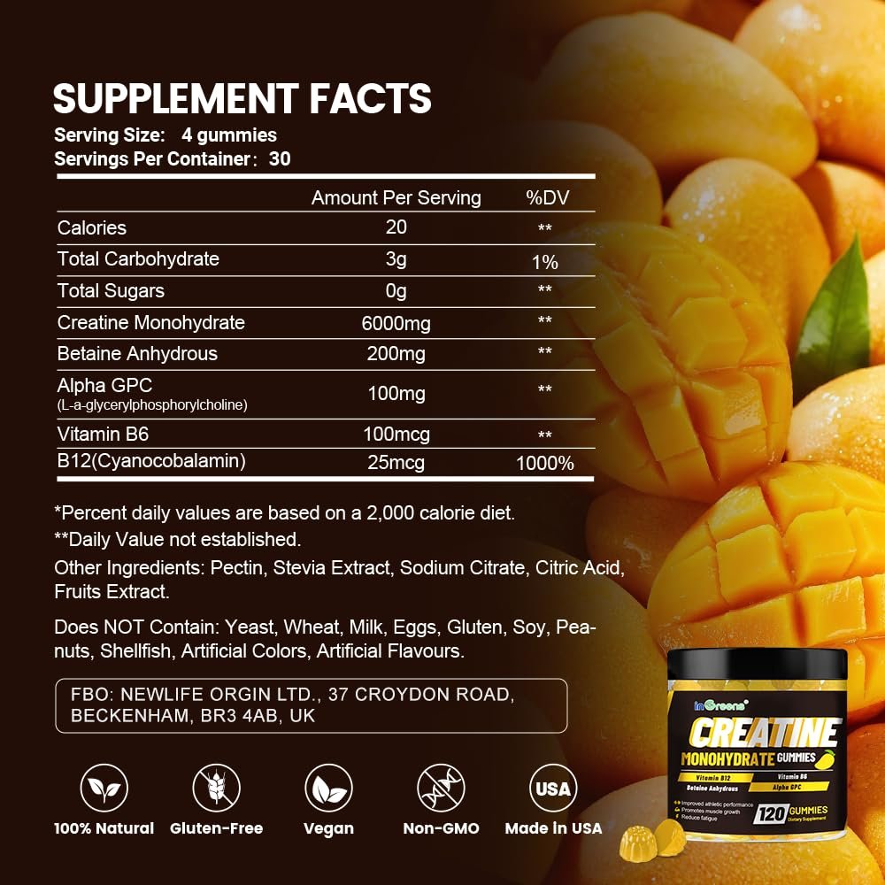 Creatine Monohydrat Gummis 6g für Männer & Frauen, Potentes Creatinpräparat, Kaubare Creatine für Energie-Boost, Steigerung der Kraft und Muskelaufbau, Glutenfrei, Zuckerfrei, 120 Stück