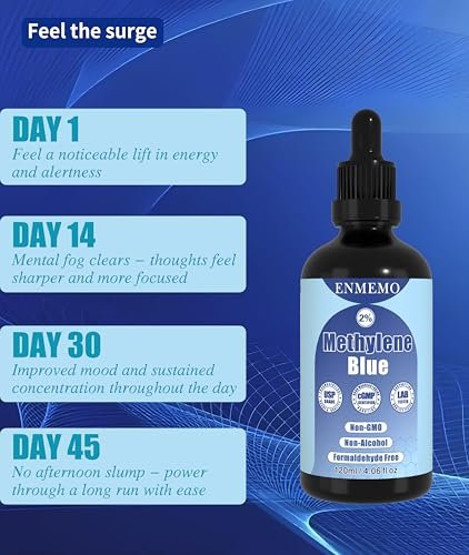 ENMEMO Methylenblau-Tropfen 4,06 fl oz 2% – USP/Pharmazeutische Qualität, Laborgeprüft, Ohne Formaldehyd, Glasflasche
