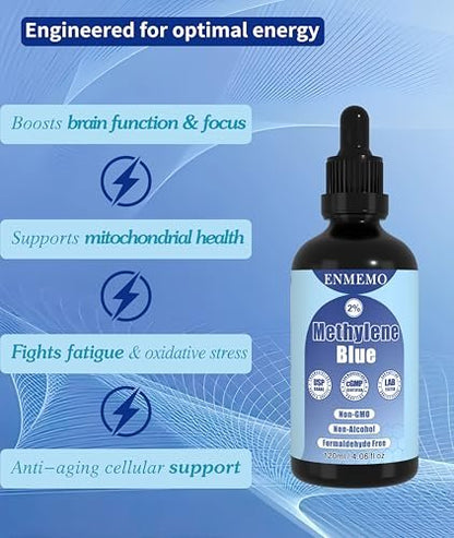 ENMEMO Methylenblau-Tropfen 4,06 fl oz 2% – USP/Pharmazeutische Qualität, Laborgeprüft, Ohne Formaldehyd, Glasflasche
