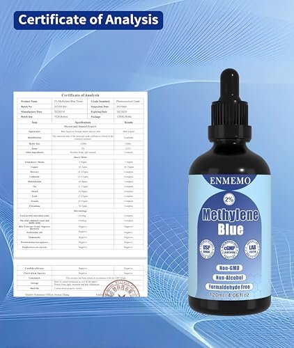 ENMEMO Methylenblau-Tropfen 4,06 fl oz 2% – USP/Pharmazeutische Qualität, Laborgeprüft, Ohne Formaldehyd, Glasflasche