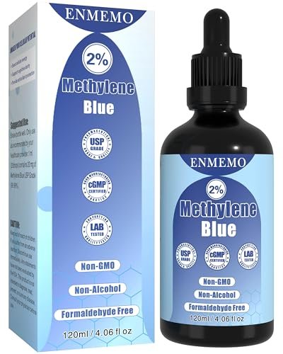 ENMEMO Methylenblau-Tropfen 4,06 fl oz 2% – USP/Pharmazeutische Qualität, Laborgeprüft, Ohne Formaldehyd, Glasflasche
