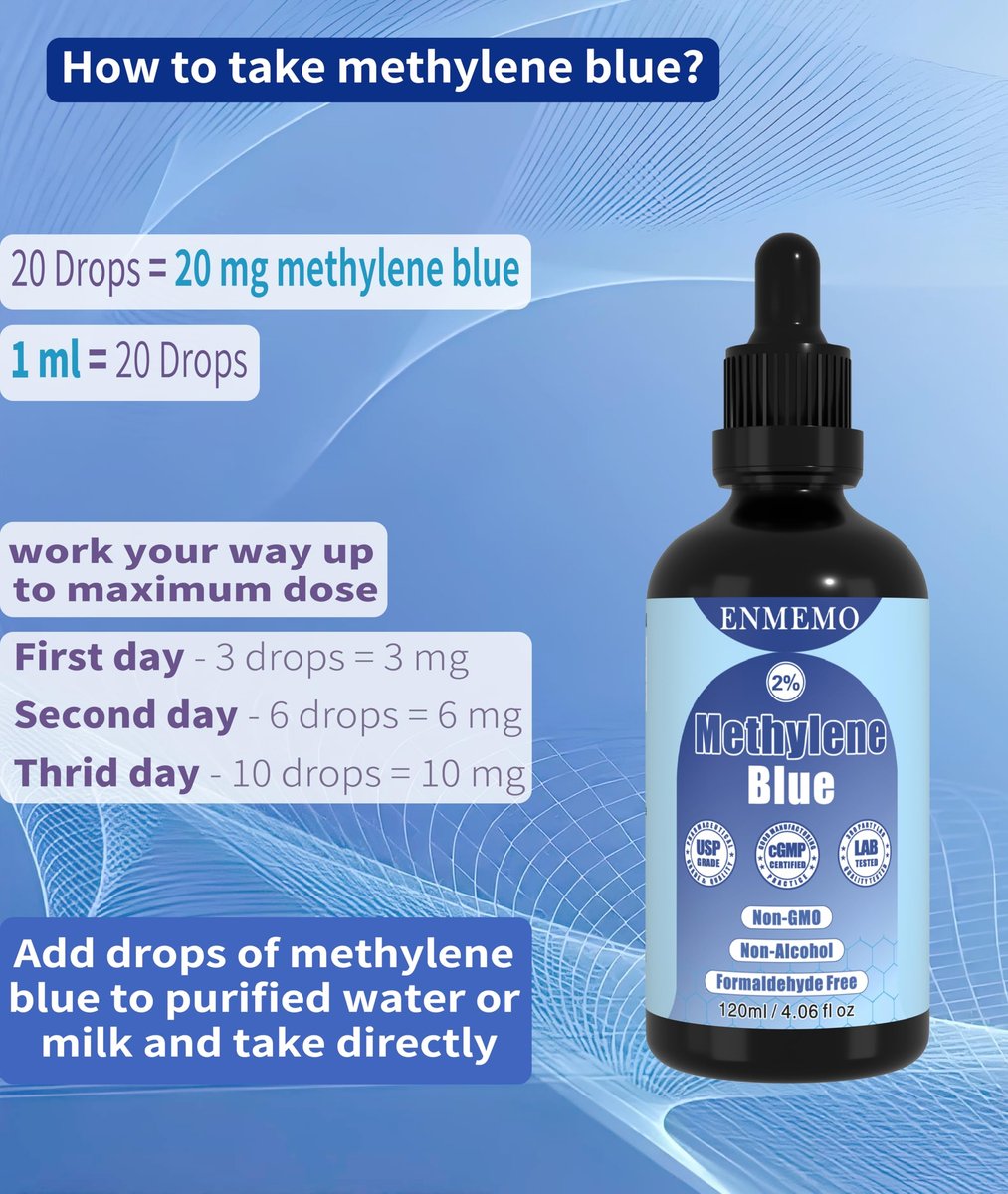 ENMEMO Methylenblau-Tropfen 4,06 fl oz 2% – USP/Pharmazeutische Qualität, Laborgeprüft, Ohne Formaldehyd, Glasflasche