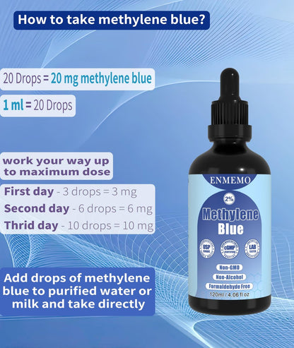 ENMEMO Methylenblau-Tropfen 4,06 fl oz 2% – USP/Pharmazeutische Qualität, Laborgeprüft, Ohne Formaldehyd, Glasflasche