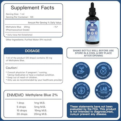 ENMEMO Methylenblau-Tropfen 4,06 fl oz 2% – USP/Pharmazeutische Qualität, Laborgeprüft, Ohne Formaldehyd, Glasflasche