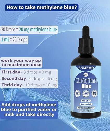 ENMEMO Methylenblau-Tropfen 4,06 fl oz 2% – USP/Pharmazeutische Qualität, Laborgeprüft, Ohne Formaldehyd, Glasflasche
