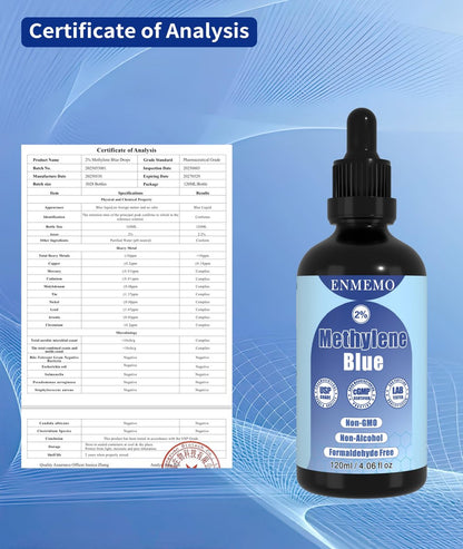ENMEMO Methylenblau-Tropfen 4,06 fl oz 2% – USP/Pharmazeutische Qualität, Laborgeprüft, Ohne Formaldehyd, Glasflasche